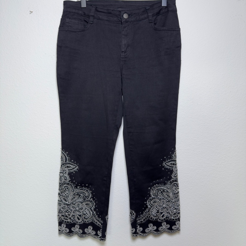 AZI Women Western Beaded Jeans‎ 6 Black Capris Embroidered Scalloped Cutout Boho